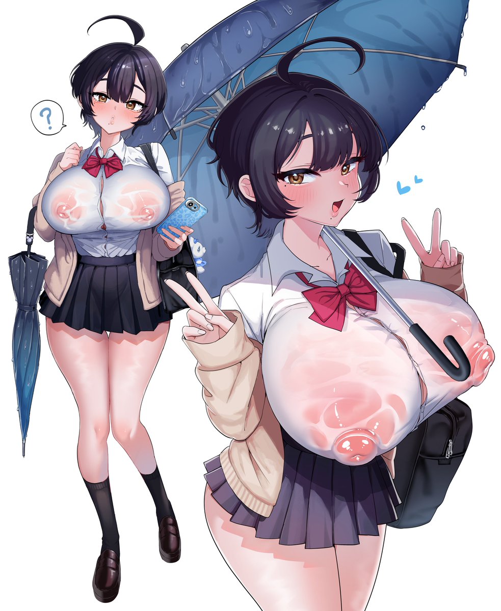 おっぱいがデカすぎて傘に収まってないことに気が付いてない子のイラストです♡