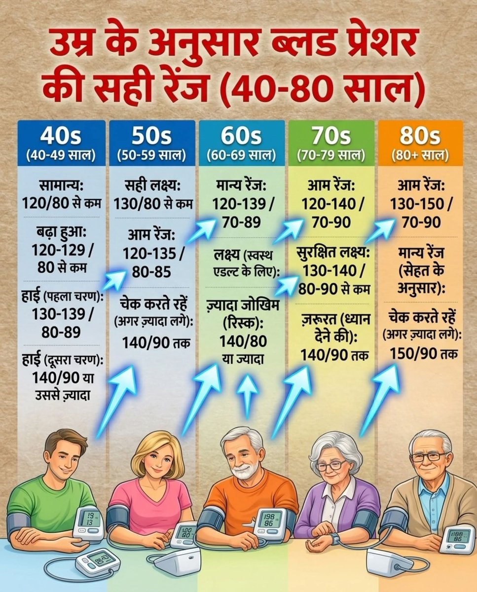 anandsri1977's tweet image. 🩺 उम्र के हिसाब से क्या आपका ब्लड प्रेशर सही है..?
​जैसे-जैसे उम्र बढ़ती है, ब्लड प्रेशर की रेंज भी बदलती है। 
इस चार्ट को सेव करें और जानें कि 40 से 80 साल की उम्र के बीच आपका HBP लेवल कितना होना चाहिए।

​✅ स्वस्थ रहें, नियमित चेकअप कराएं!

​#BloodPressure #HealthChart