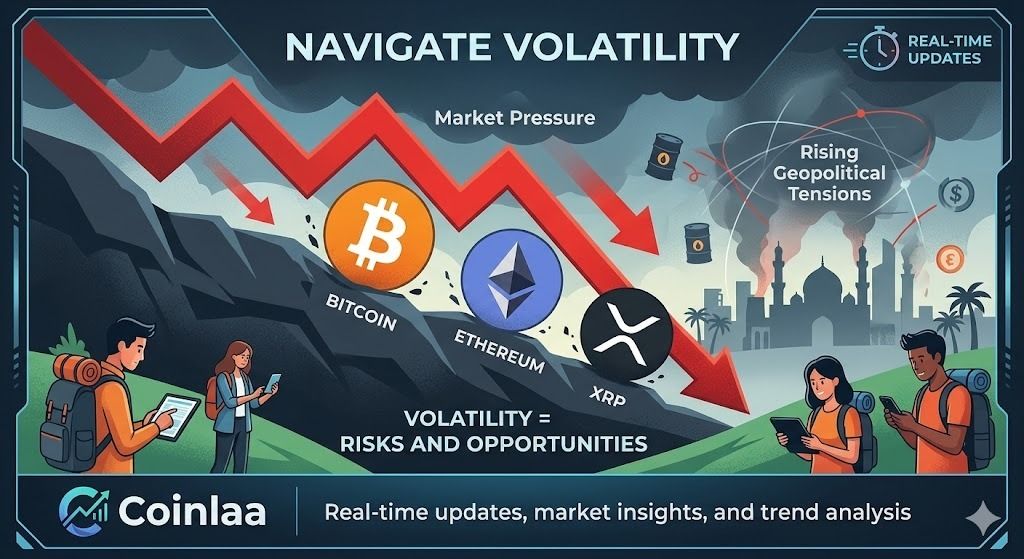 Coinlaaconnect's tweet photo. The crypto market is facing pressure as Bitcoin, Ethereum, and XRP decline amid rising geopolitical tensions in the Middle East. This highlights how closely digital assets are tied to global events and investor sentiment.
#CryptoNews #Coinlaa https://t.co/uBbTEzlntE