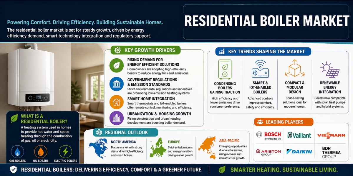 MRFRresearch's tweet image. 🏠 Residential boilers reach USD ~58.62 Billion market by 2035

Efficiency + smart tech + regulations driving adoption 
Heating systems are becoming smarter, cleaner &amp;amp; more connected

get details -  marketresearchfuture.com/reports/reside…

#SmartHomes #Sustainability #Heating #CleanEnergy