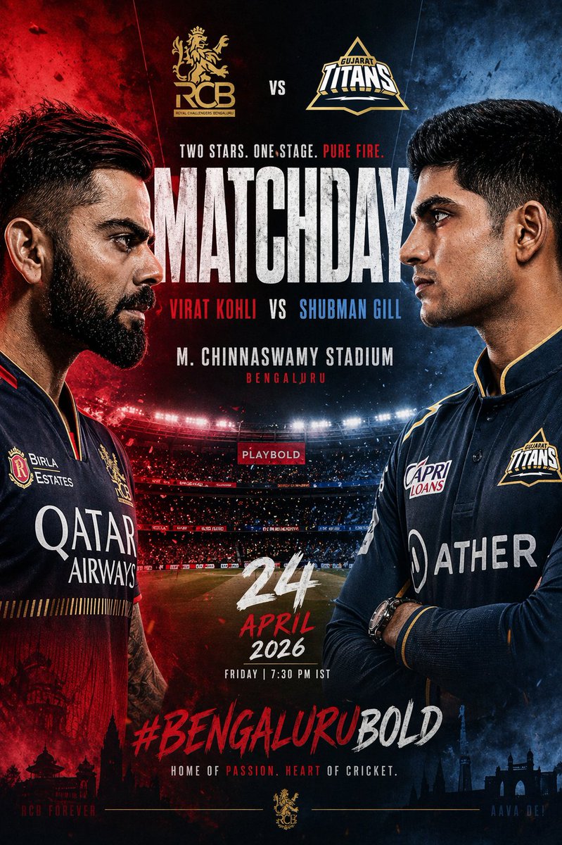 Khal_eesi_18's tweet photo. I asked Chat GPT to make a poster for the RCB vs Gt match today, this is what he made. https://t.co/rf7hqVohCf