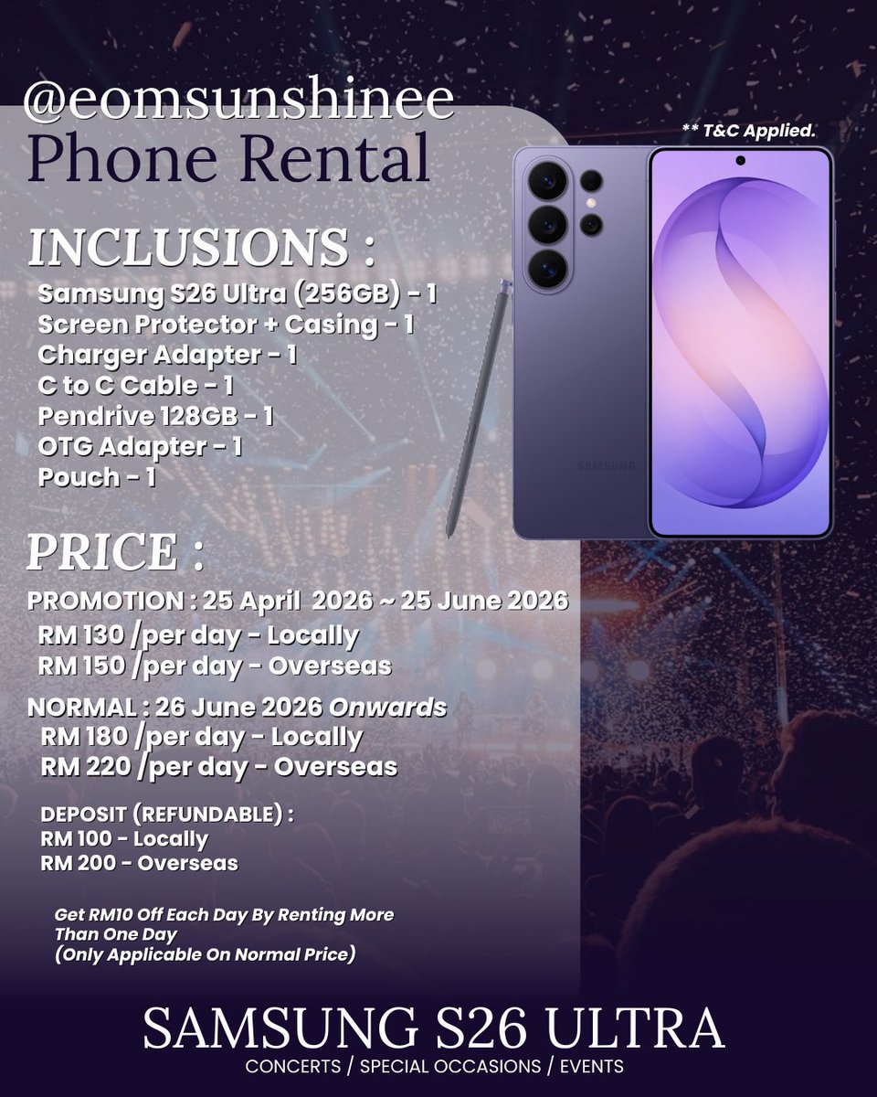 eomsunshinee's tweet photo. SAMSUNG S26 ULTRA FOR RENT ‼️

#BUSbecauseofyouishine IN KUALA LUMPUR ✅

📅 19 MAY 2026
📍MALAYSIA, PETALING JAYA BASED 

🔗please read tnc before booking 
💬 dm for any inquiries 

#BUS_THEFIRSTLIGHT
#BUS_The1stAsiaFanconTour
#BUSbecauseofyouishine
#BUSinKL #BUSinMY https://t.co/pBPzaSe0gx