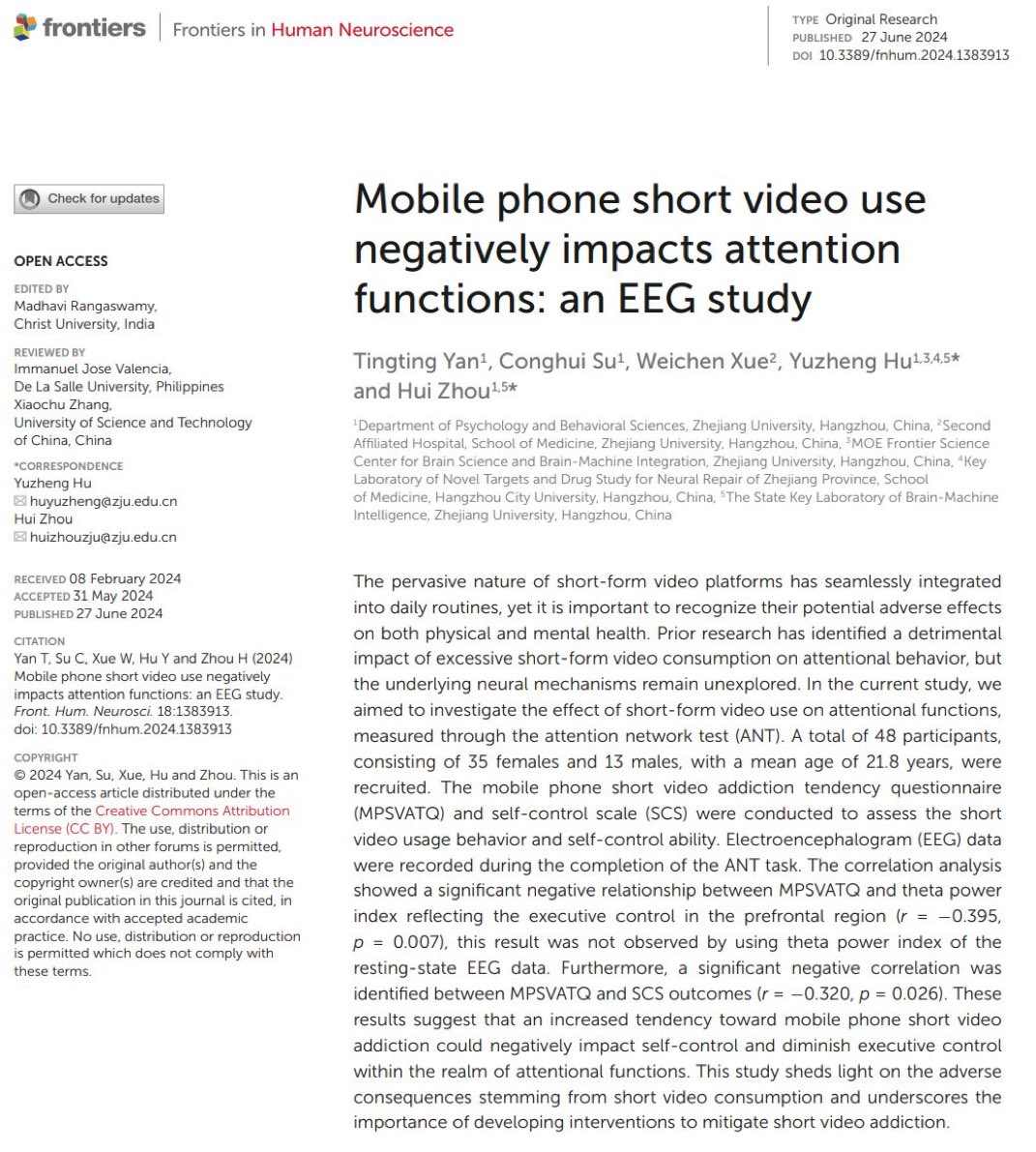 JohnAAustin's tweet photo. Addiction to short-form videos is associated with reduction of brain activity in the frontal lobe and weakened focus. https://t.co/nxNqND4bBH