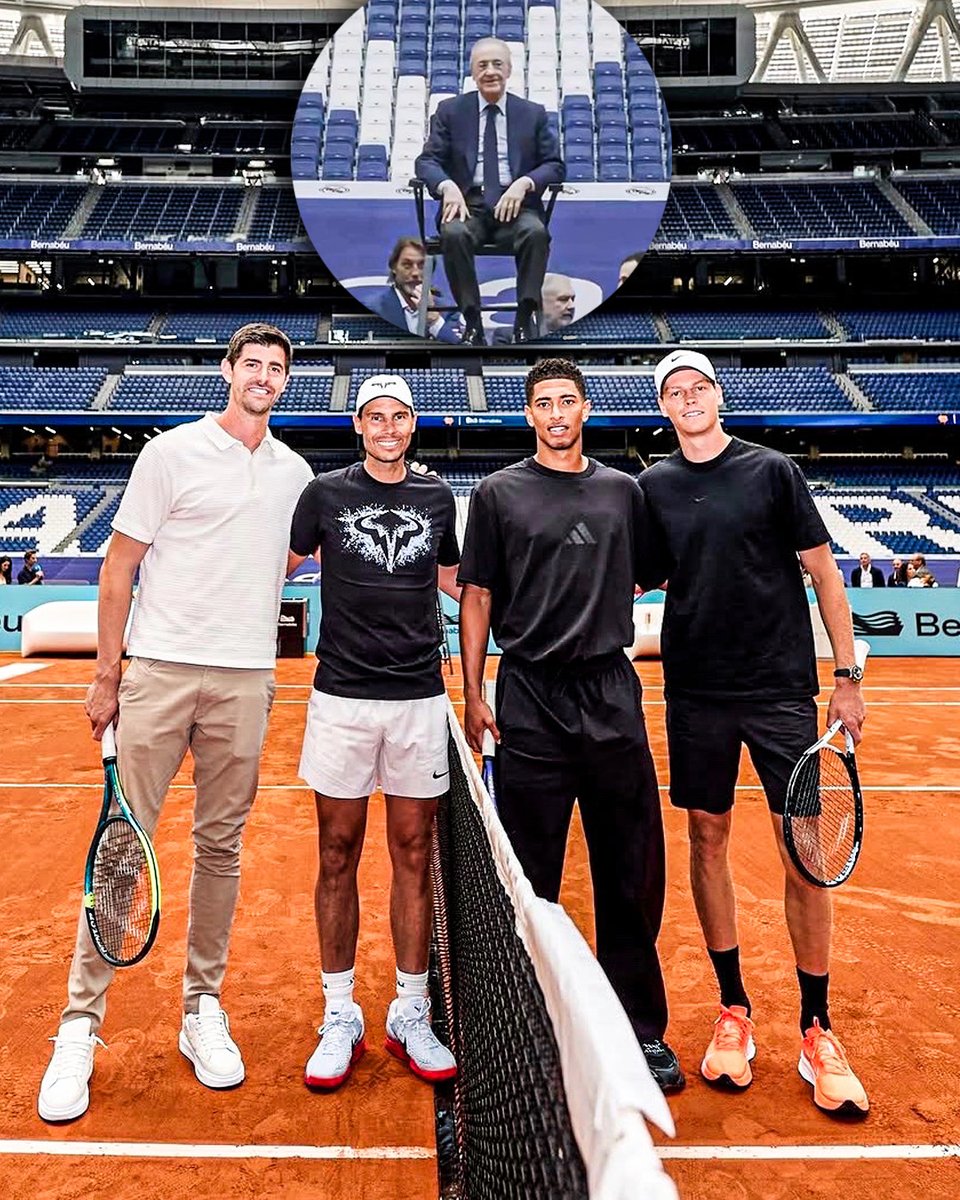 Jude Bellingham and Thibaut Courtois played tennis with Rafa Nadal and Jannik Sinner in the middle of the Bernabeu, with Florentino Perez sat in the umpires chair 🎾😳