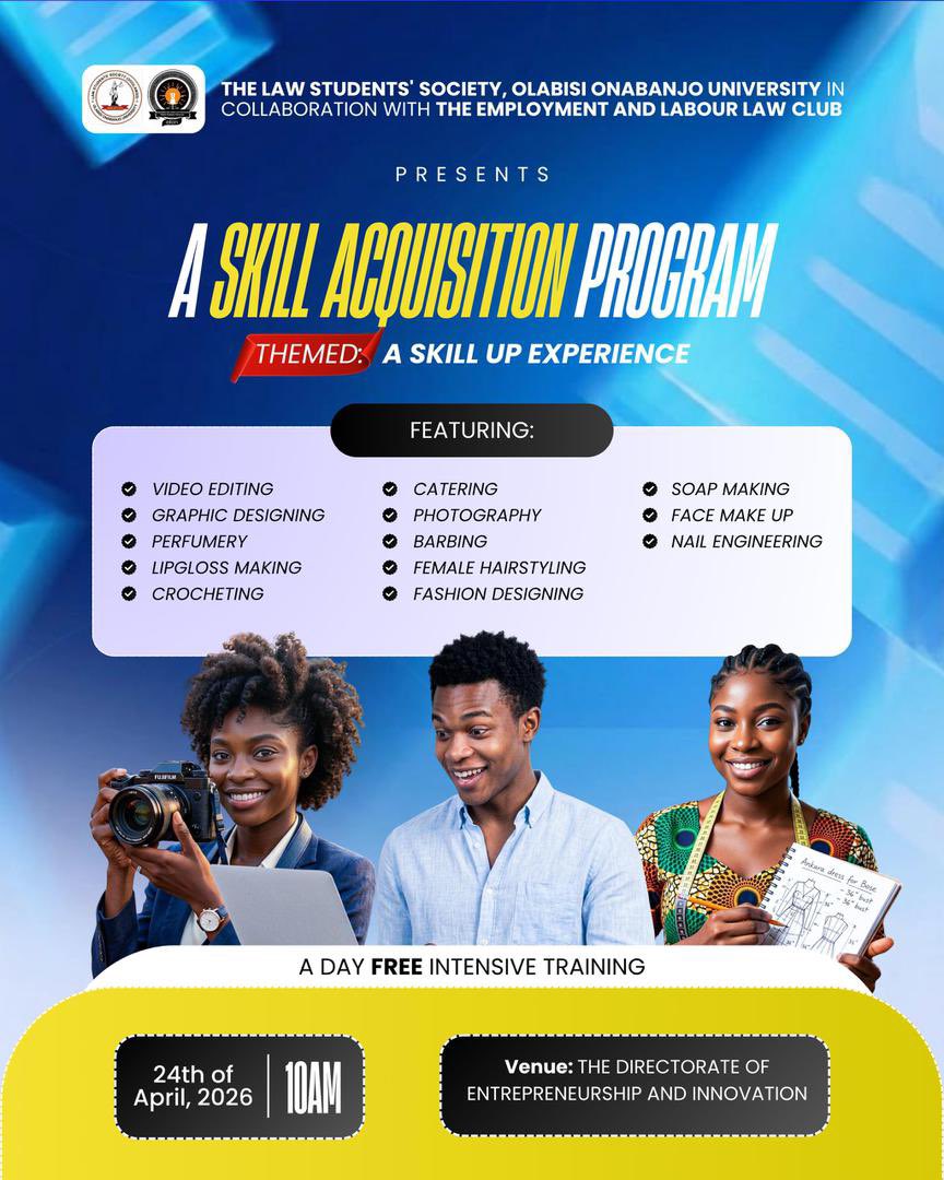 lawssoou's tweet photo. OOULAWSS 🤝 THE EMPLOYMENT AND LABOUR LAW CLUB⚖️

This is your moment to learn a new skill, or finally start that skill you’ve been postponing.
📍:Entrepreneurship &amp; Innovation Centre (Opposite GTBank)
Some skills will also hold at SLT, Faculty of Law
⏰:10:00 AM

See you there! https://t.co/f6K8wwncRl