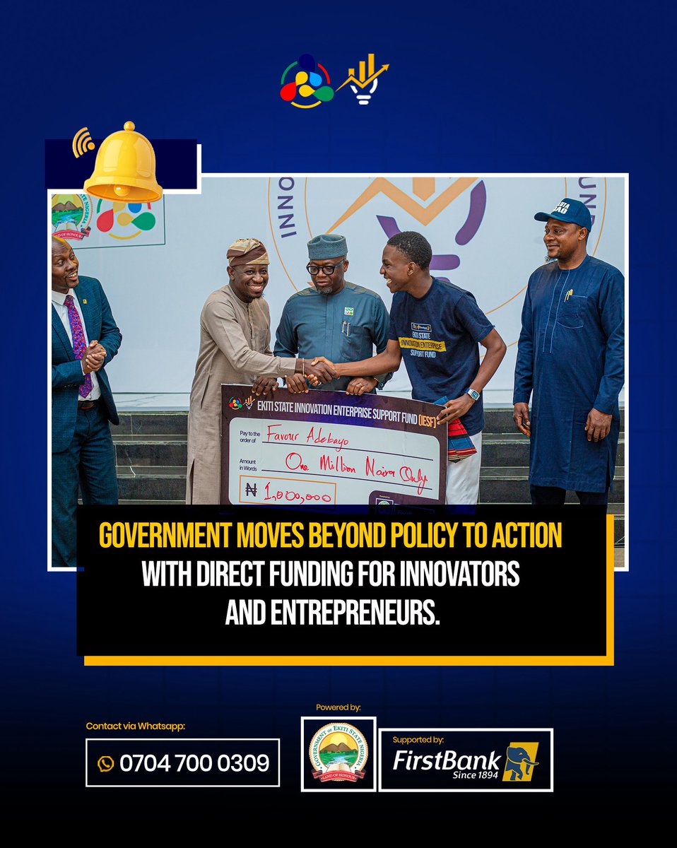 MISDEEkiti's tweet photo. Policy to Action. Promise to Proof.
Gov. @biodunaoyebanji IESF delivers ₦1,000,000 to innovator Favour Adebayo.
With HC @seunfakze driving implementation, Ekiti is funding its future, one entrepreneur at a time.
This is Shared Prosperity.
#EkitiRising #IESF #BAO https://t.co/iUHfMkDxTg