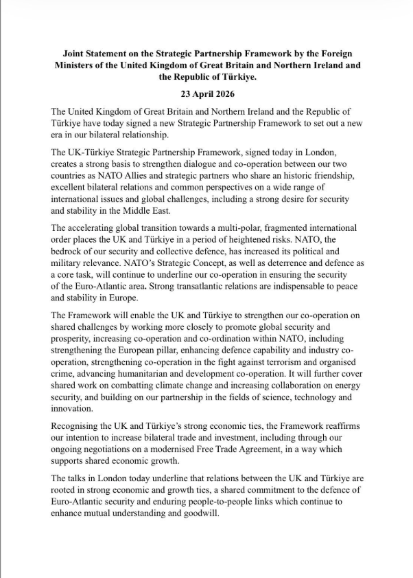 def_security's tweet photo. TR and UK  signed the "Strategic Partnership Framework Document” in London as Fidan meets his British counterpart Cooper.The document is provided here for your review👇#UKTürkiye #NATO #Diplomacy #StrategicPartnership https://t.co/TzMDZlVU53