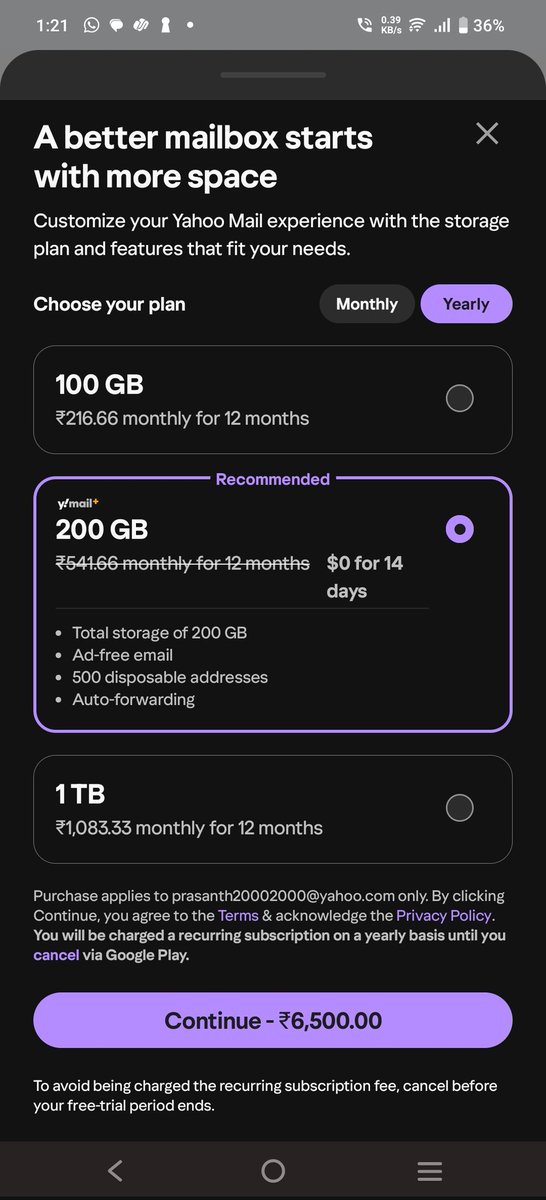 sriprasanthme's tweet photo. @Yahoo you really need to work on the monthly and yearly pricing for India if you're serious about selling storage space in Yahoo Mail. Looks like basic testing is missed before the release. https://t.co/cIRlQOcC0f