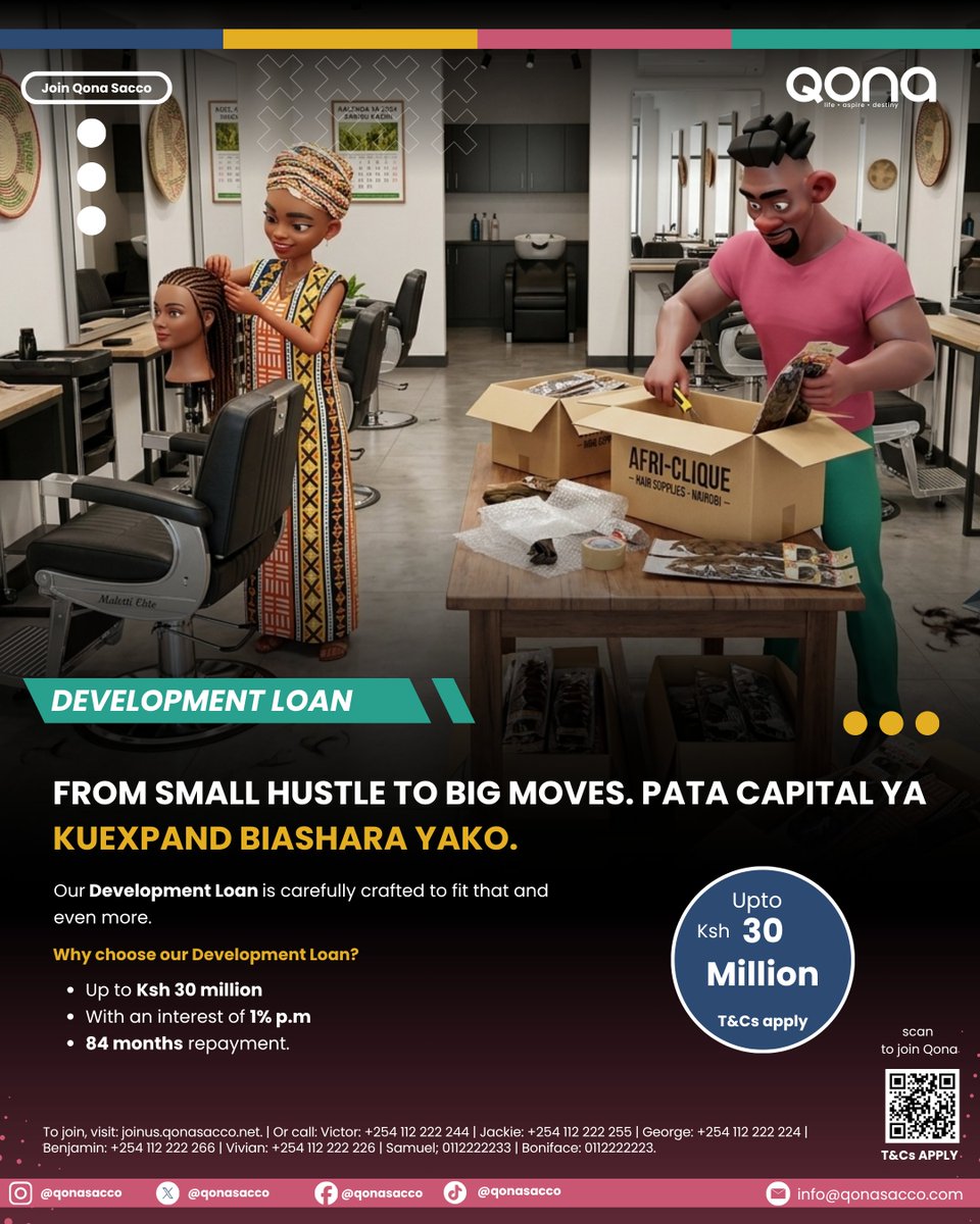 qonasacco's tweet image. From small hustle to serious business moves, that’s the goal. 
Access up to KES 30 Million to take you to the next level.

Join us today: joinus.qonasacco.net 
#QonaSacco 
#DevelopmentLoan 
#BusinessGrowth 
#SMEsKenya