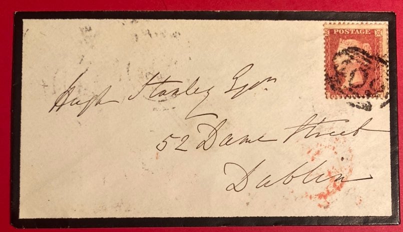 TGlenane's tweet image. A month earlier - mourning cover, 17 June 1857, from St. Aubin, Jersey, PO #409, to solicitor Hugh Stanley, 52 Dame St, Dublin - followed the same route through London.

Dublin arrival mark on the back.

A bit of a difference in the rate!
#stamps #philately #StampCollecting