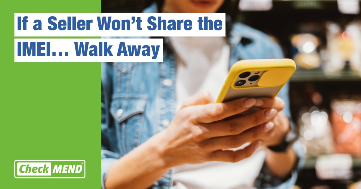 CheckMEND's tweet photo. If a private phone seller won’t share IMEI or serial numbers, consider it a red flag. 
Genuine sellers are transparent. If they dodge questions or rush you, walk away—there’s always another device.

Run a CheckMEND report to help make an informed decision: https://t.co/p03xAML96y https://t.co/NogzlEUA0d