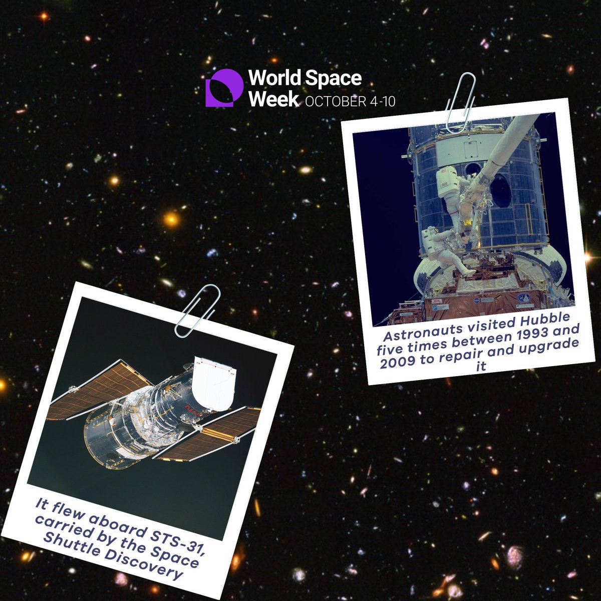 WorldSpaceWeek's tweet image. 🔭✨ 𝑺𝒑𝒂𝒄𝒆 𝑯𝒊𝒔𝒕𝒐𝒓𝒚 | 𝑯𝒖𝒃𝒃𝒍𝒆 𝑺𝒑𝒂𝒄𝒆 𝑻𝒆𝒍𝒆𝒔𝒄𝒐𝒑𝒆 𝑳𝒂𝒖𝒏𝒄𝒉

Since 1990, the Hubble Space Telescope has transformed how we see the universe.
It still delivers stunning images and reveals the secrets of space.

#WorldSpaceWeek #Hubble #SpaceExploration