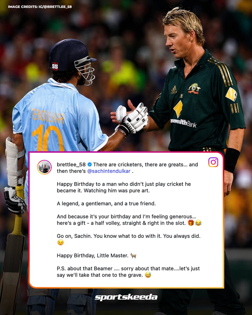 Sportskeeda's tweet image. From a legend to the Little Master 🐐🏏

Brett Lee pens a heartfelt tribute to Sachin Tendulkar - respect, admiration, and a touch of humor on his special day 🎁✨

#SachinTendulkar #Cricket #Sportskeeda