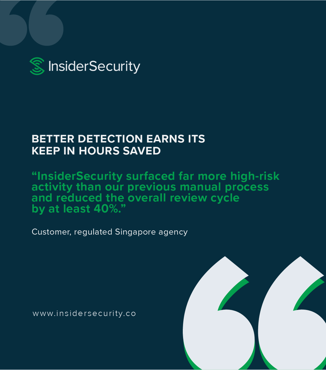 InsiderSecurity's tweet photo. A regulated Singapore agency cut log review duration by at least 40%, saving days of manual effort.

More importantly, the team gained better visibility into suspicious and high-risk activity.

Need a more effective review workflow? Message us.

#CyberSecurity #InsiderThreat https://t.co/61RNO3YLfj