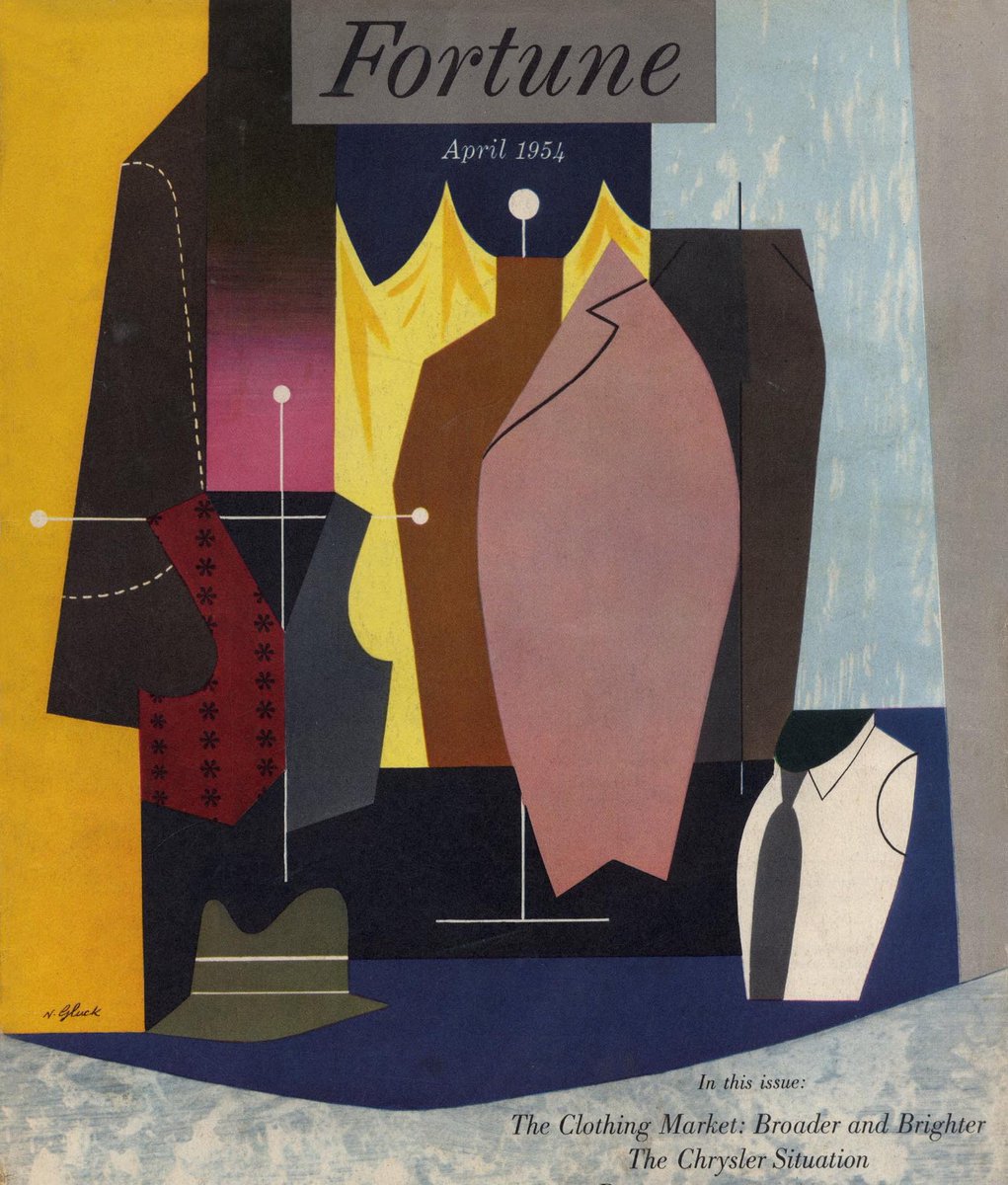 LRonLacy's tweet image. #Fortune for #APRIL 1954
‘In this issue: The Clothing Market: Broader and Brighter’
Illustration by Nathan Gluck (1918-2018 👉ALT)
Cover of *Fortune*, April 1954
#FortuneCover #illustration #illustrationart #graphicdesign #NathanGluck #clothing #apparel