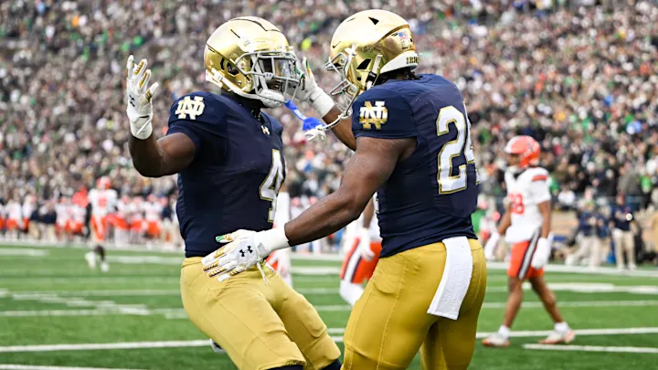therandomsec's tweet photo. For only the fourth time in history, a school (notre dame) has produced two running backs to go in the first round in the same year. Others include:
- 1987 Texas A&M (Roger Vick, Rod Bernstine)
- 2005 Auburn (Ronnie Brown, Carnell Williams)
- 2008 Arkansas (DMAC, Felix Jones.
Some of the best backfields ever. 
Jadarian Price and Jerimiyah Love join ELITE company.