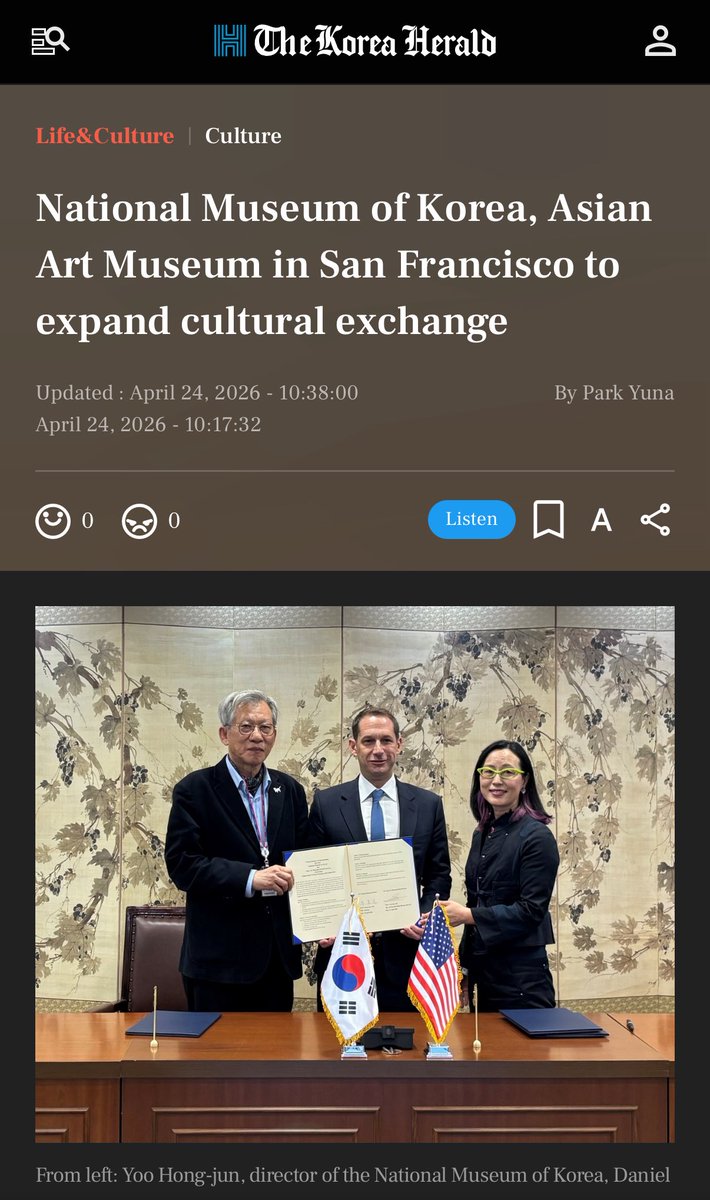 naomeowmeow's tweet photo. A historic week for Seoul and San Francisco.
Following MMCA and SFMOMA, now the National Museum of Korea (NMK) has signed an MOU with the Asian Art Museum of SF.
With Mayor Daniel Lurie present, the cultural bridge between these two cities is now complete, covering both traditional heritage and contemporary art.
This ensures an even stronger institutional backbone for "RM x SFMOMA" this October. The seeds Namjoon planted are truly blooming across the entire city. ♥️
Source: The Korea Herald
https://t.co/tIl8rANpJV