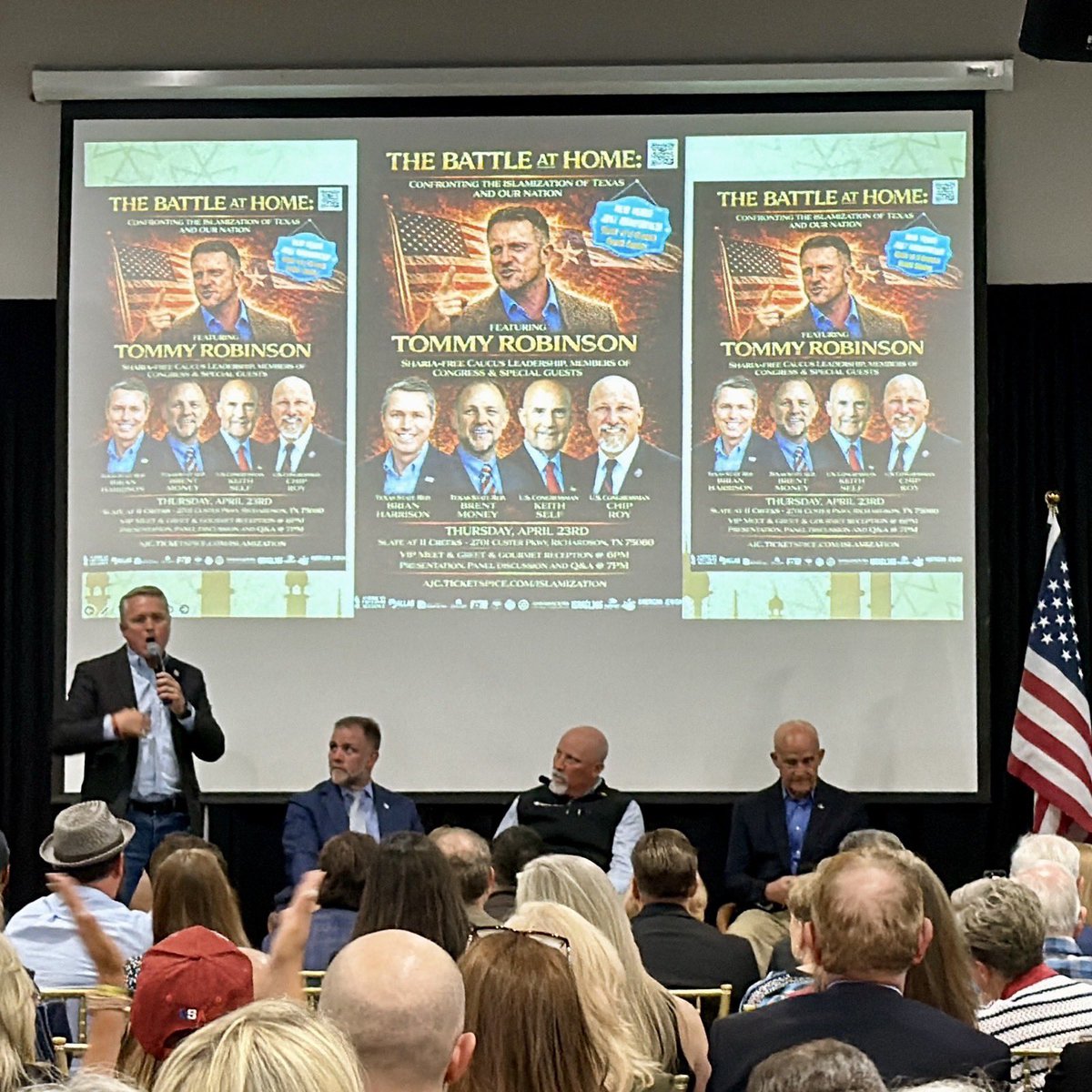 Great speaking with hundreds of patriots at an amazing event tonight with <a href="/TRobinsonNewEra/">Tommy Robinson 🇬🇧</a> to discuss how Texas must do more to combat the growing threat from Sharia law. 

<a href="/AJCAmerica/">American Jewish Conservatives</a> <a href="/SelfForCongress/">Keith Self</a> <a href="/chiproytx/">Chip Roy</a> <a href="/brentmoney/">Brent Money</a>