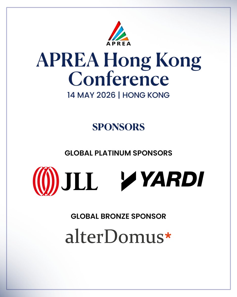 APREA_asia's tweet image. We would like to thank our sponsors and partners for their support:
Global Platinum Sponsors: JLL and Yardi
Global Bronze Sponsor: Alter Domus

View the program &amp;amp; register:
aprea.asia/events/aprea-h…

#APREA
#HongKong
#Conference
#Opportunities
#Investment