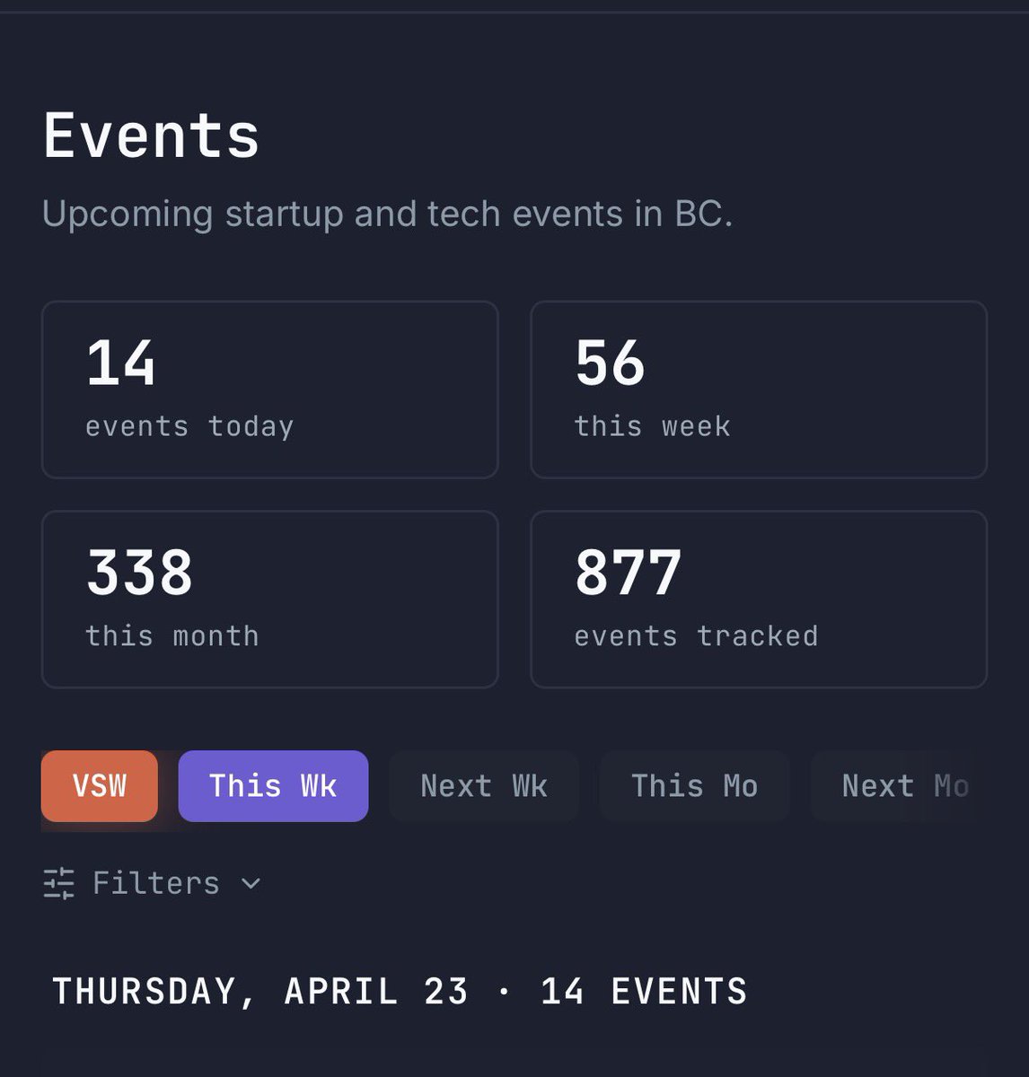samdotchan's tweet photo. just another casual thursday with 14 tech events going on in vancouver: https://t.co/10HM9ciu5Q https://t.co/ndpfSL9fhy