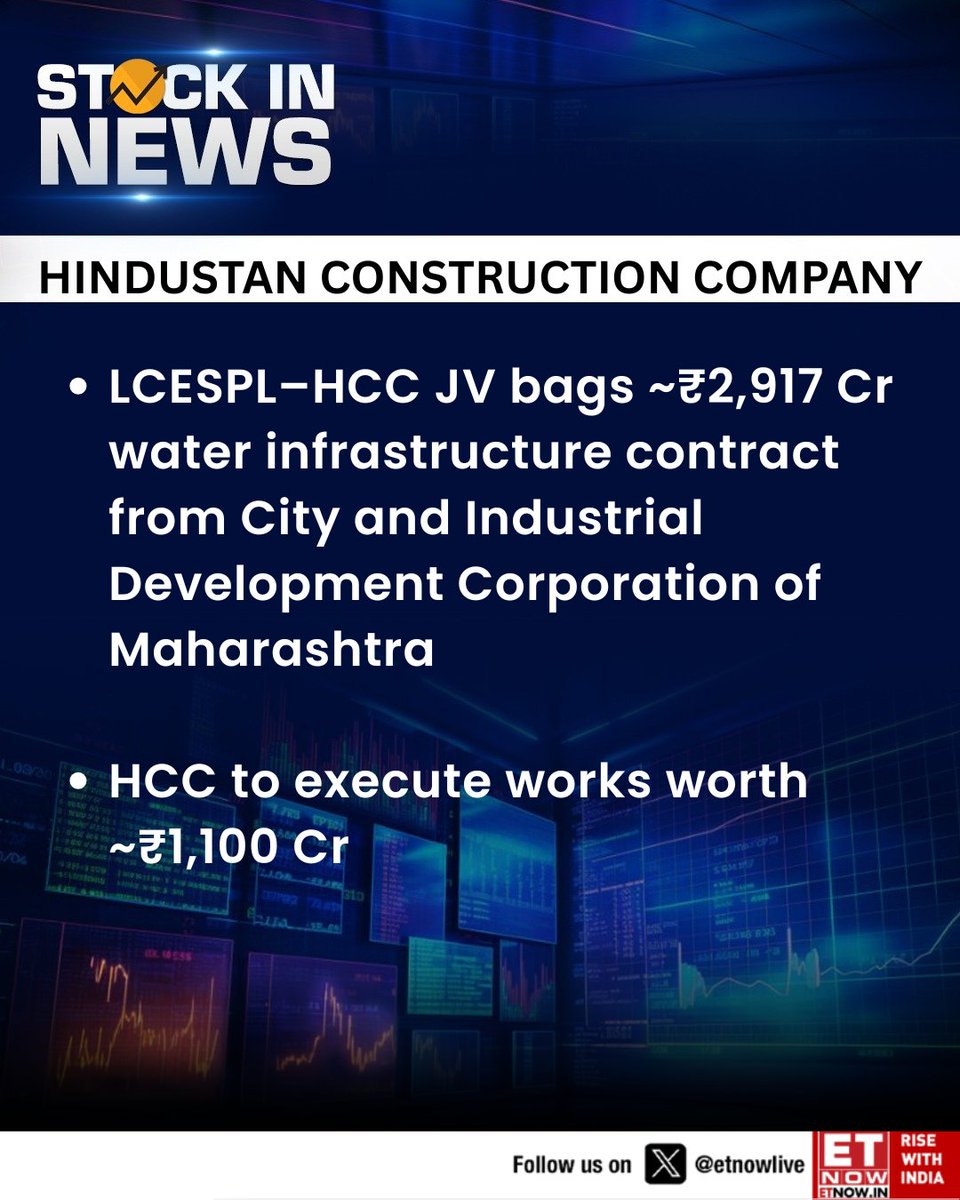 ETNOWlive's tweet image. #StockInNews | Hindustan Construction Company: LCESPL–HCC JV bags ~₹2,917 Cr water infrastructure contract from City and Industrial Development Corporation of Maharashtra

#HCC #StockMarket