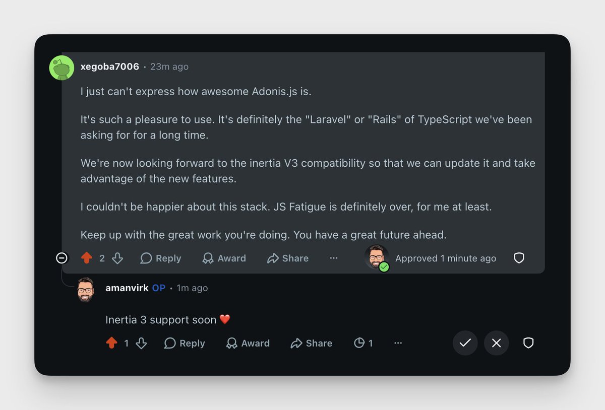AmanVirk1's tweet photo. Can we tell every burnt-out JavaScript developer how much fun it is to use AdonisJS? https://t.co/IxfrklSnrz