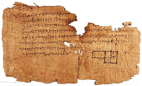 Ἀεὶ ὁ θεὸς ὁ μέγας γεωμετρεῖ τὸ σύμπαν.
「偉大な神はいつも宇宙を測る。」

というこの言葉は、それぞれの単語の文字数を数えて並べると31415926で、円周率の数値になります。

古代ギリシアでは哲学や悲劇と同様に、数学や幾何学も発展しました。