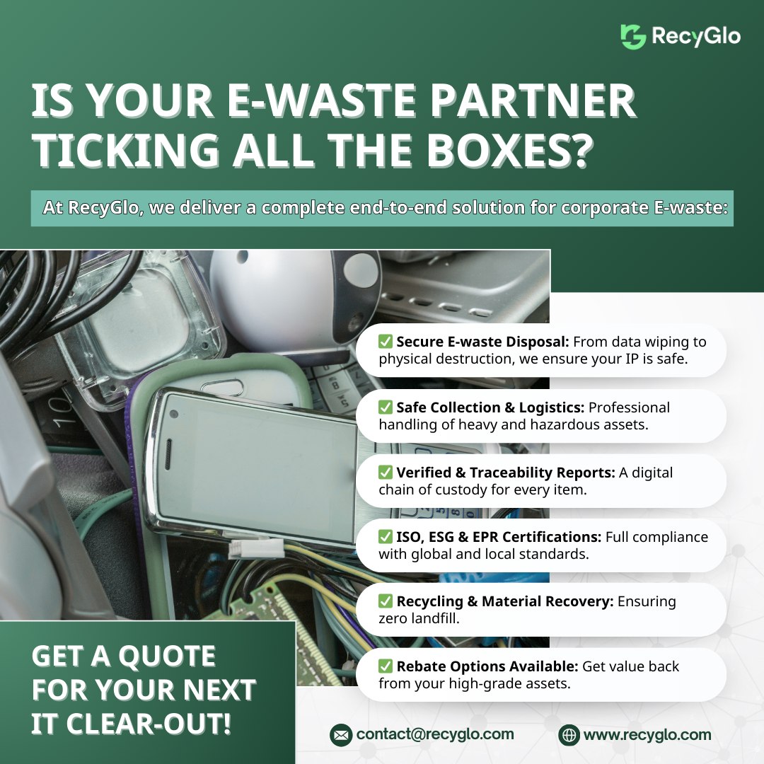 RecygloW's tweet photo. E-waste isn’t just disposal — it’s data security + compliance.

If your provider only “picks it up,” you’re exposed.
RecyGlo delivers secure, traceable, audit-ready solutions aligned with ISO standards &amp; ESG.
#EWaste #DataSecurity #ITAD #Sustainability https://t.co/Os0roTXqTY