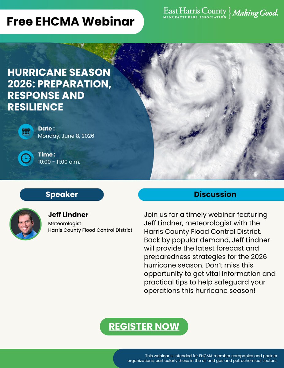 EHCMA's tweet image. Save the date and register now for our next #freetomember #webinar! 

Hurricane Season 2026: Preparation, Response and Resilience. 

June 8, 10-11am 

Register now: us06web.zoom.us/meeting/regist…