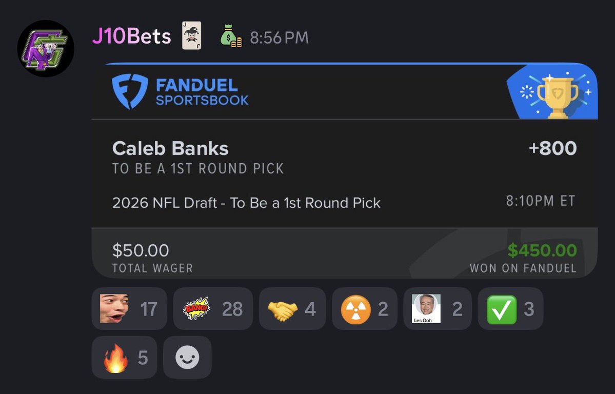 Cash the +800 NFL Draft Play for <a href="/j10_bets/">J10Bets 🃏</a> 🔥

$50 ➡️ $450 💸

Posted in discord 👉 GoldBoys.com