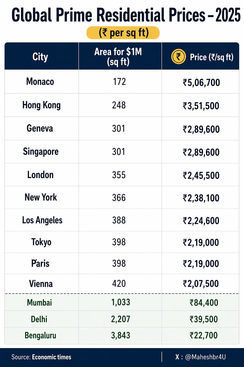 Maheshbr4U's tweet image. ■Ever wonder, Why #Bengaluru developers are making more Luxury Projects esp in #Aerospacepark, #Yelahanka,  #Devanahalli, ORR, #Whitefield etc.&amp;amp;able to attract buyers across Globe? ■
■Answer lies in Affordability. 
🔷 In 2025, $1M (~₹8.7 Cr) buys ~3,843 sq ft in Bengaluru at