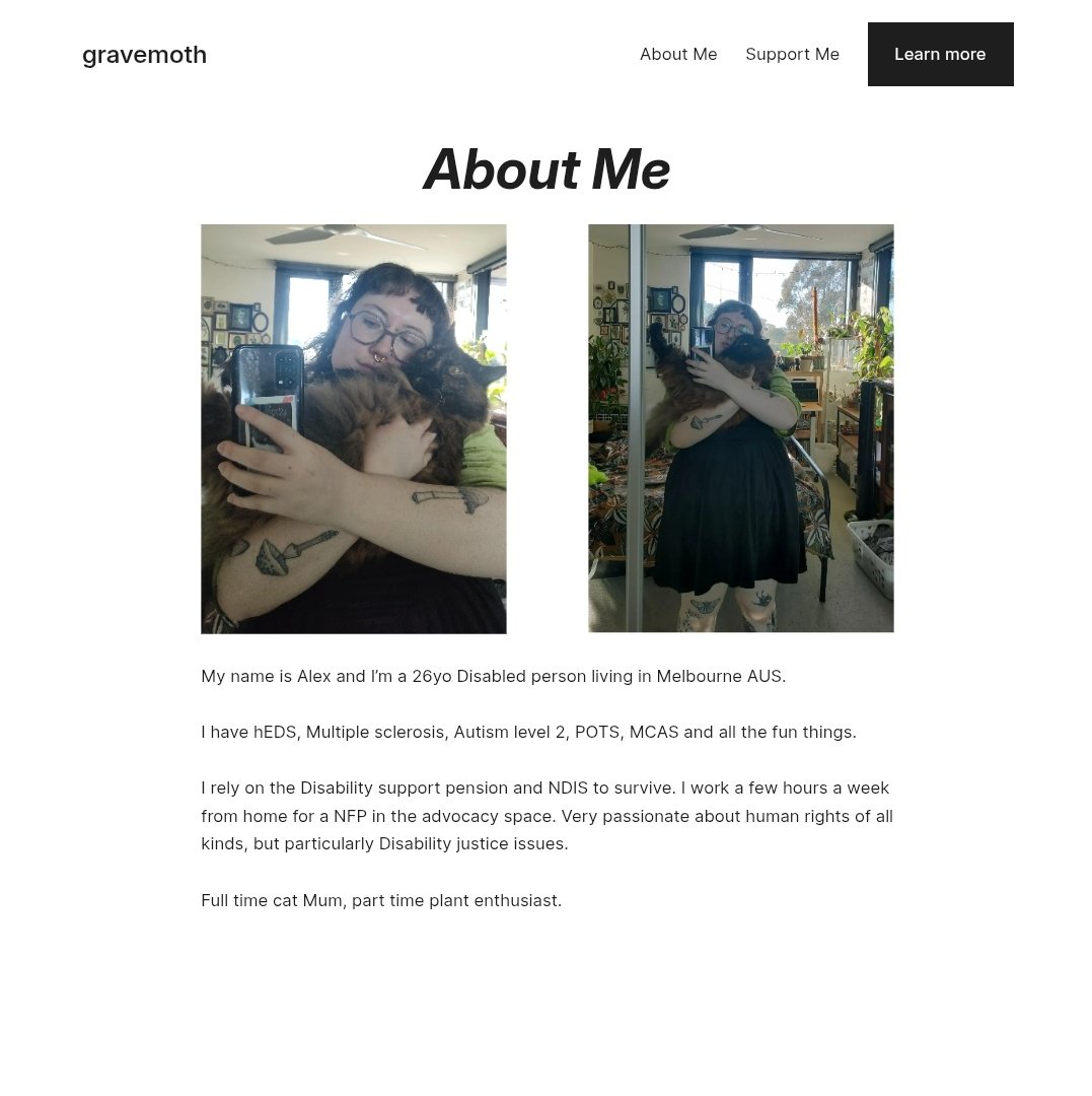 gravemoth's tweet photo. I finally did something I've been contemplating for well over a year and made a WordPress where I can post my longform opinions.

If you miss my twitter rants, this is for you! First piece on the new NDIS cuts went out today and I have another planned ❤️

https://t.co/l0oEYgPI8x https://t.co/VY7EjCKVMD