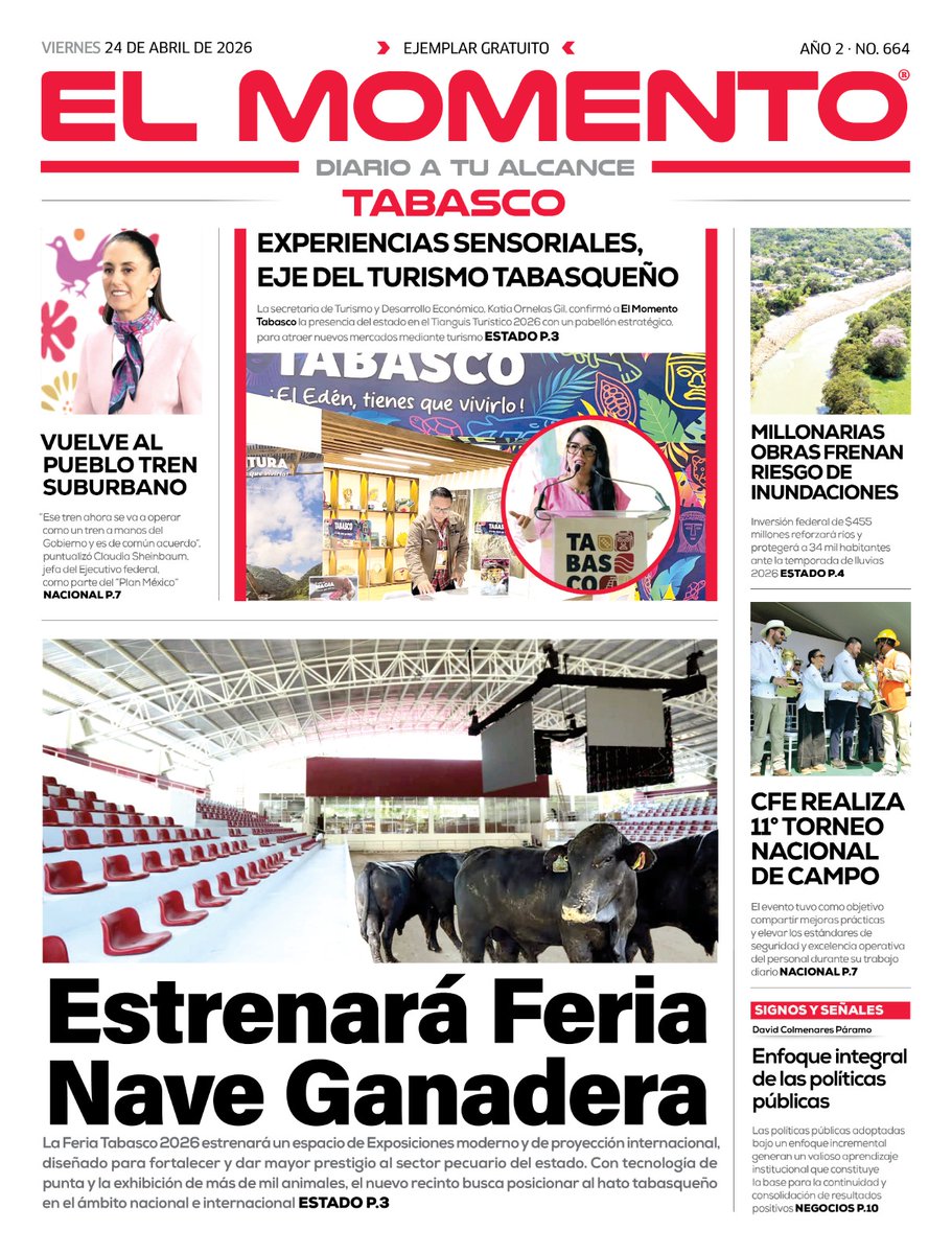 ElMomentoOfic's tweet image. 🗞️📰 Viernes en la #portada de #ElMomentoTabasco 🔴Parque de Tabasco: Fechas de apertura y exposiciones 2026

elmomentotabasco.mx/estados/tabasc…

#Parquetabasco #Exposicion #Ganado #Tabasco 

 @Gobdetabasco @TabascoJavier @sedaptab