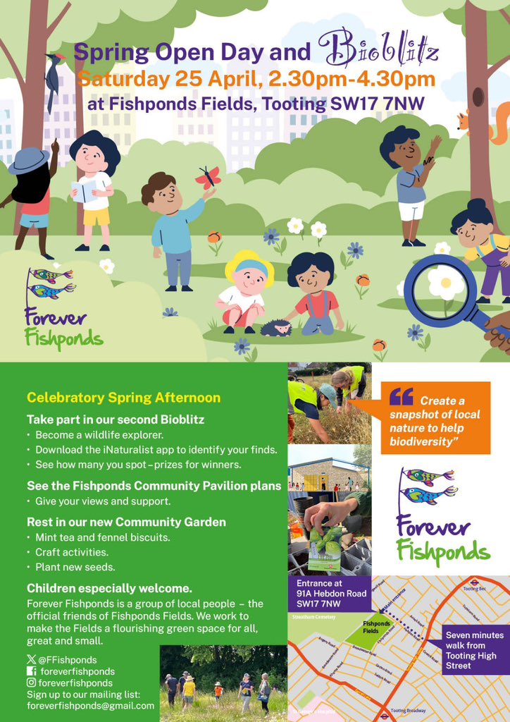 FFishponds's tweet photo. See you at Fishponds Fields tomorrow. Nature walks, BioBlitz, discuss plans for the new pavilion, find out about community gardening and have some cake 🧁 🌱 🐦 @tootingnewsie @inaturalist https://t.co/ikVtxyWdMy