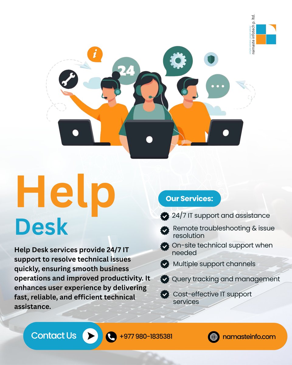 LtdNamaste's tweet image. Help Desk services provide fast and reliable IT support to resolve technical issues efficiently

📷 24/7 IT Support &amp;amp; Assistance
📷 Remote Troubleshooting &amp;amp; Issue Resolution

 #ITSupport #TechSupport #ManagedIT #ITServices #24x7Support #RemoteSupport #OnsiteSupport #ITSolutions