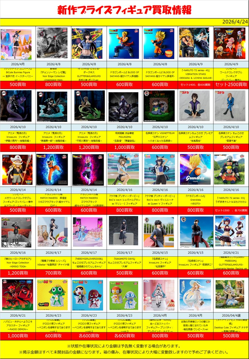 新作、準新作プライズ 買取情報‼】4/24(版) 4月新作プライズフィギュア