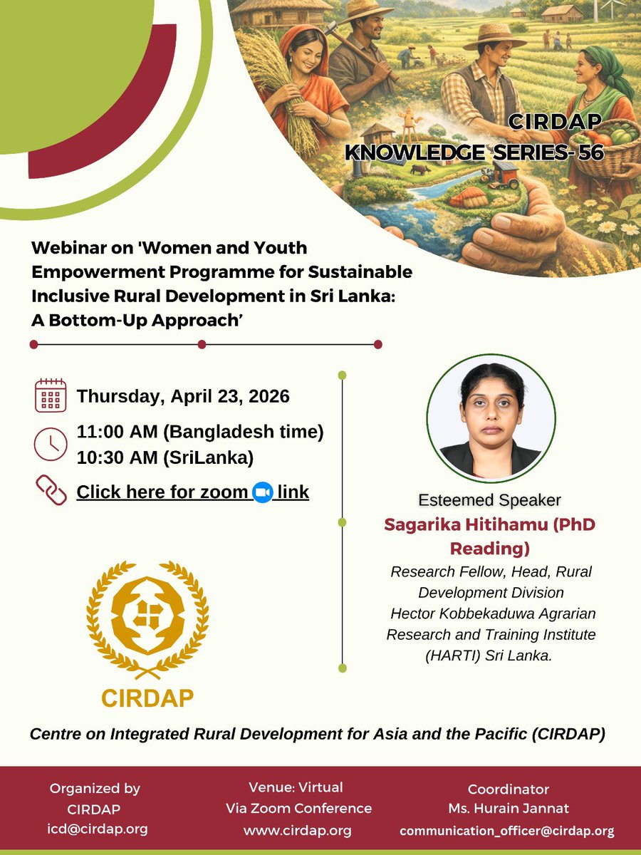 cirdap79's tweet image. CIRDAP Knowledge Series 55 highlighted empowering women and youth for inclusive rural development in Sri Lanka. The webinar featured Sagarika Hitihamu, sharing grassroots strategies, community driven approaches, and key policy insights in SriLanka.

 #WomenEmpowerment #Youth