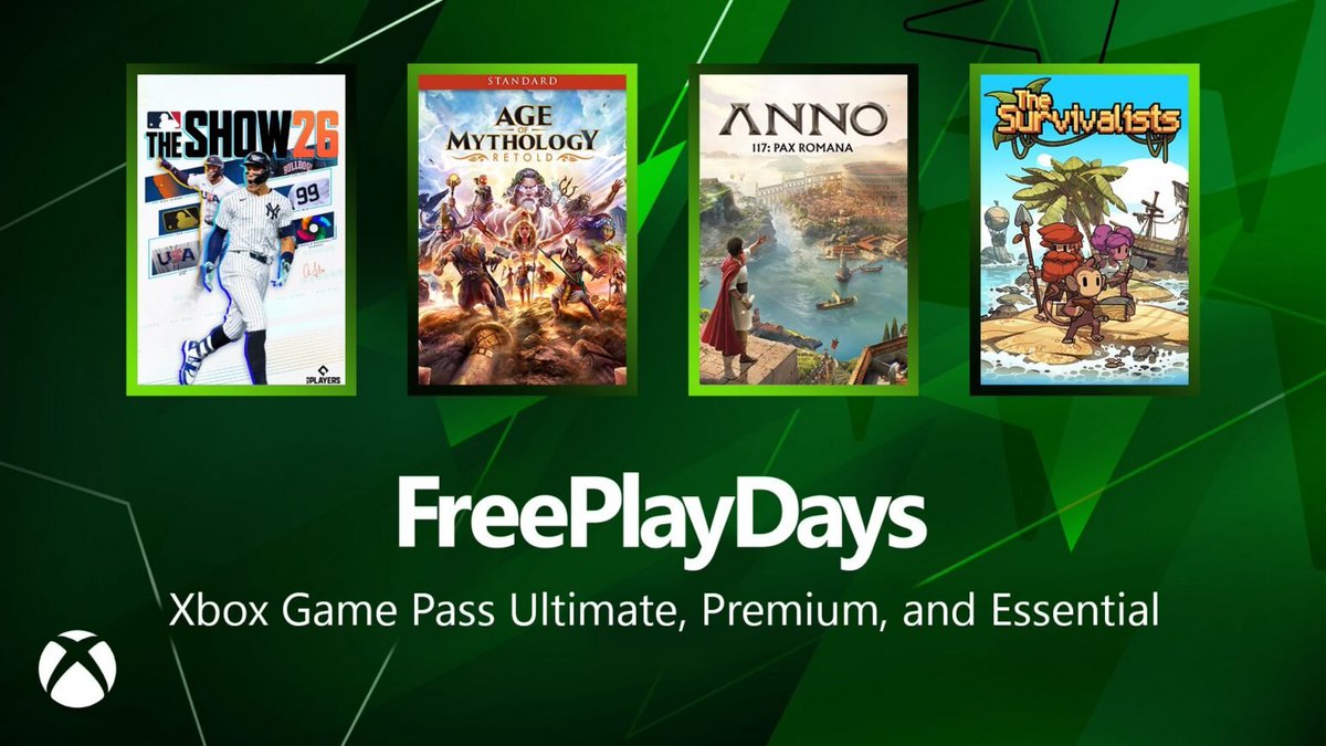 GamemaniaVg's tweet image. Juegos para probar el fin de semana con los Free Play Days de Xbox:
- MLB The Show 26
- Anno 117: Pax Romana
- The Survivalists

No requiere Xbox Game Pass:
- Age of Mythology: Retold

#FreePlayDays #XboxGamePassUltimate