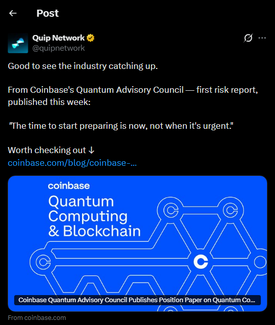 0xndra's tweet photo. Good morning to those who notice that real positioning doesn’t need to be loud when the work is already done

The line is short but hits

What @quipnetwork said was simply “Good to see the industry catching up” while quoting a Coinbase paper

Not a long press release

Not a loud claim

The tone stays calm

What it signals is positioning

While others are just starting to say “it’s time to prepare”, here the vault is live, the testnet is running, and hundreds of nodes were already active before the paper came out

No need to wait for validation

This pattern often gets missed

Many projects chase attention or big names first, here it flips, build first and let others follow

The contrast becomes clearer

Who talks first
Who has already moved
If this continues, the gap widens

Not about being ready later
But already ahead now