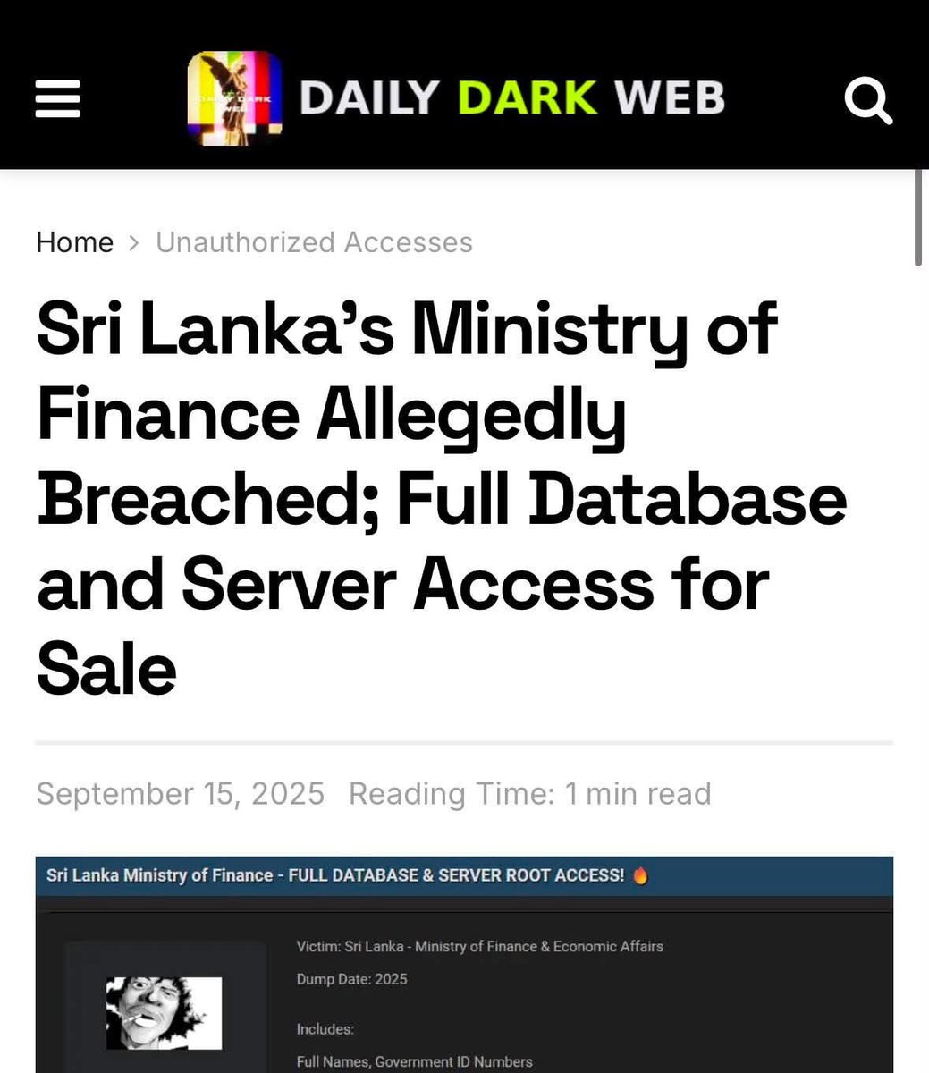 UvinduBro's tweet image. A major cyberattack targeting the Ministry of Finance in Sri Lanka reportedly took place in September 2025, with sensitive government data and Full Access to the servers later appearing for sale on dark web forum for $4000 (LKR 1.2M) #SriLanka #CyberAttack #lka 

1/4