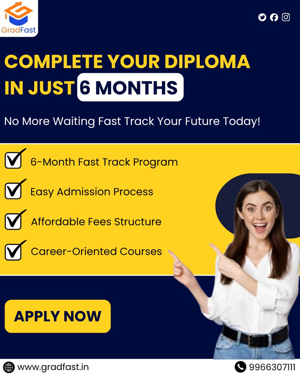 Gradfast_'s tweet image. Finish your diploma in just 6 months 🎓⚡
Fast-track your future with easy admission &amp;amp; affordable fees!

🌐 gradfast.in 
📞 9966307111

#Diploma #OnlineLearning #FastTrack #CareerGrowth #Gradfast #10thclass #degree