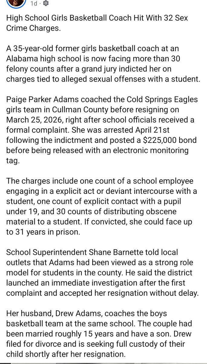 Parrhesiastes76's tweet image. Alabama High School Girls Basketball Coach "Paige Parker Adams 35"Hit with 32 felony Sex Crime charges of having sex with minors

Her husband, Drew Adams, coaches the boys basketball team at the same school.