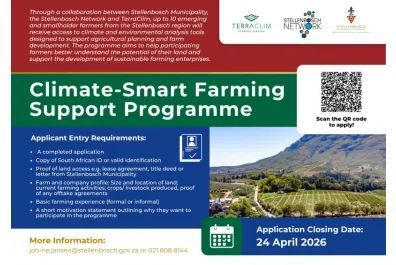 SNAfricaNews's tweet image. Stellenbosch Climate-Smart Farming Support Programme

This programme is open to smallholder farmers, emerging farmers, cooperatives and agricultural initiatives based in the Stellenbosch region.

Application Deadline: 24 April 2026
More Info: innovationbridge.info/ibportal/conte… 

#ApplyNow