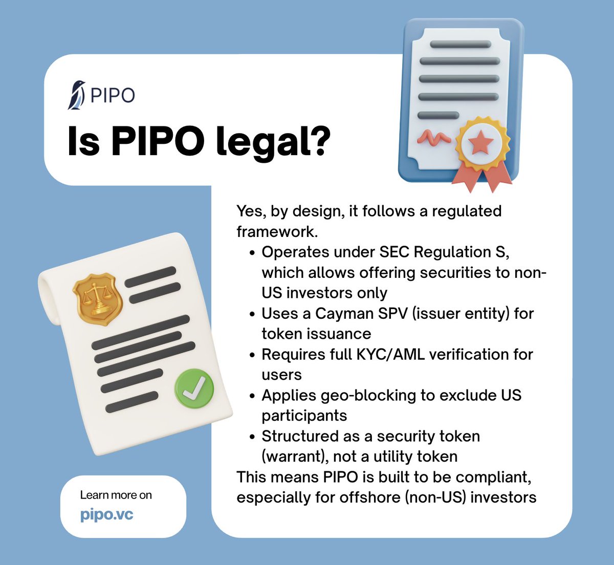 “Is PIPO legal?”

Yes. And not in a grey area.

▫ Reg S compliant
▫ KYC/AML enforced
▫ Security token (not utility fluff)
▫ Built for non-US investors

Pre-IPO access, but structured properly.

Read our full light paper here:
pipo.vc/PIPO.%20Light%…