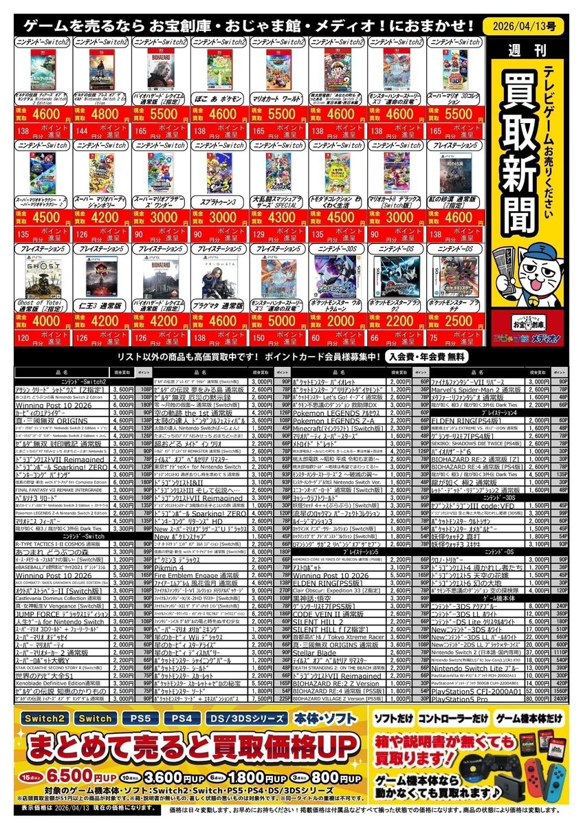 ojamakan_s's tweet image. 【買取新聞4/13号配布中】

✨まとめ売り買取金額UPイベント✨

学校・会社帰り、お出かけの際に
ゲームを売りに来ませんか❓

#Switch #PS5
#PS4 #3DS #DS
本体・ソフトが対象です✨

15点→6⃣5⃣0⃣0⃣円UP✨
10点→3⃣6⃣0⃣0⃣円UP✨
  6点→1⃣8⃣0⃣0⃣円UP✨
  3点→8⃣0⃣0⃣円UP✨