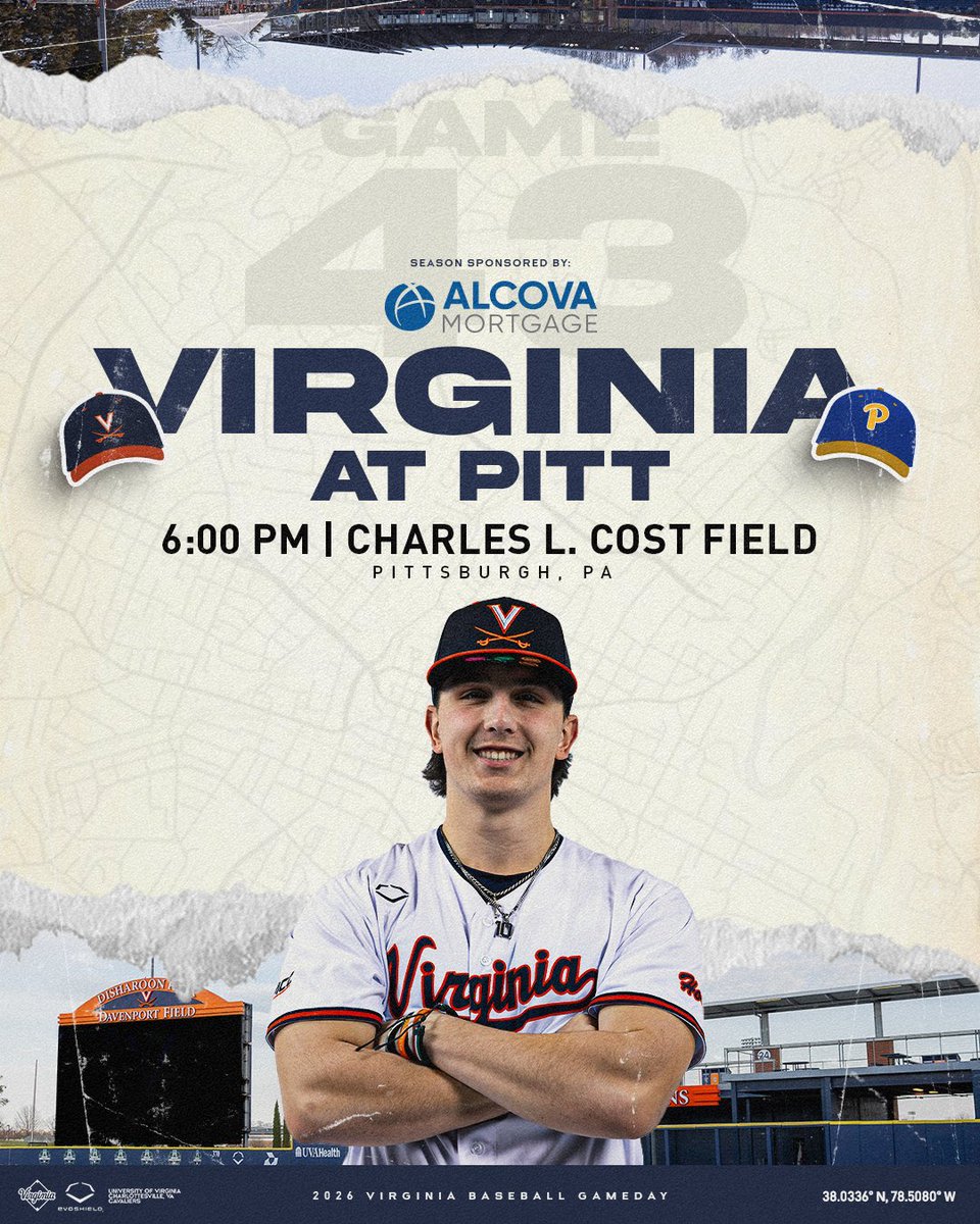 UVABaseball's tweet image. Game day in the Steel City 

🆚 Pitt 
🕡 6 p.m.
📍 Charles L. Cost Field
📺 wahoowa.net/4mhicDN
🎟️ wahoowa.net/3XgXhWw
📊 wahoowa.net/BSBStats

#GoHoos