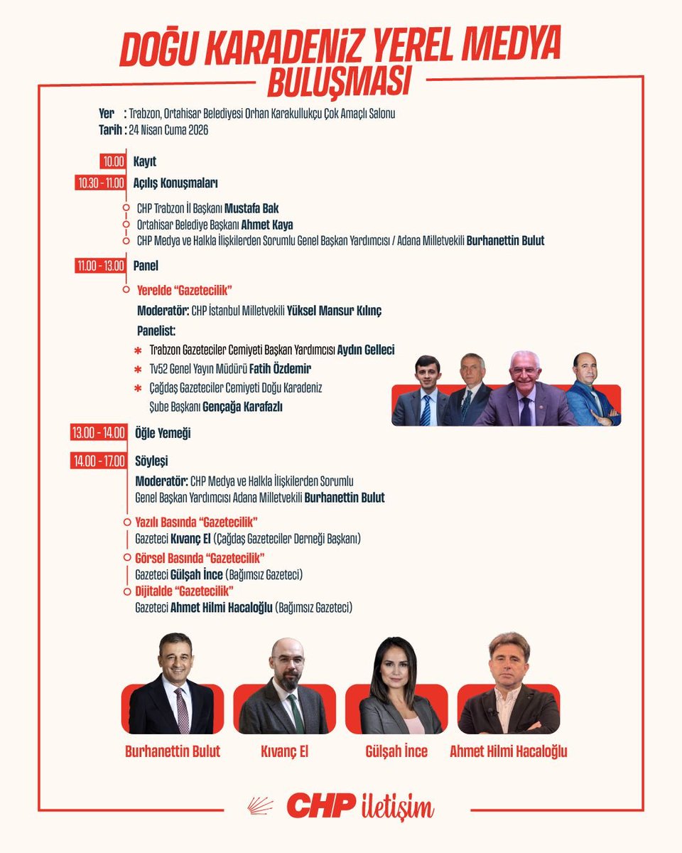 Trabzon'da CHP'nin davetiyle medyanın hal-i pürmelalini konuşacağız <a href="/GKarafazli/">Gençağa Karafazli</a> <a href="/zkivancel/">Z. Kıvanç EL</a> <a href="/gulsahince/">Gülşah İnce</a>   <a href="/eczburhan/">Burhanettin Bulut</a>