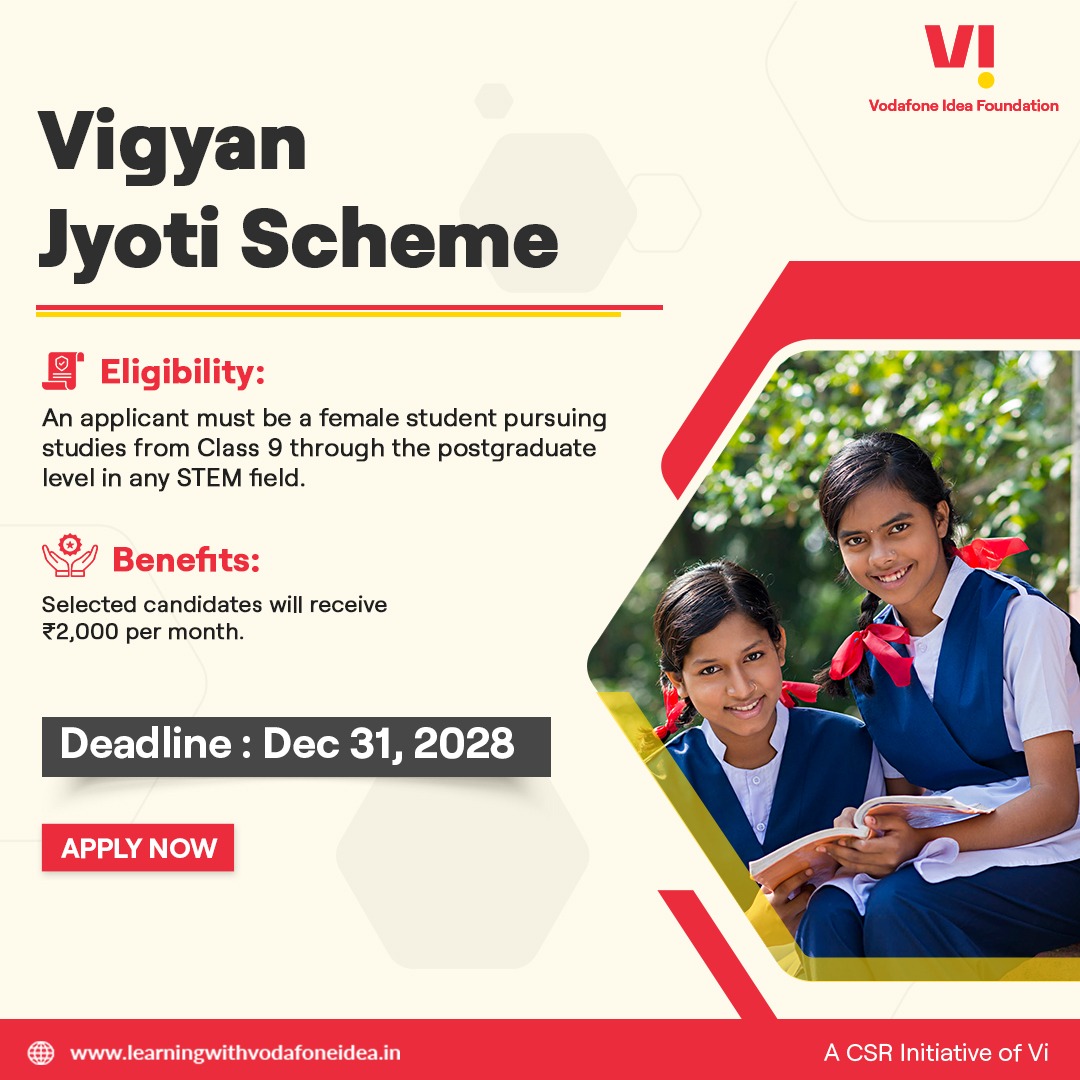 LearningwithVF's tweet image. Vigyan Jyoti Scheme now open

👩‍🔬 For girls (Class 9 to PG) in STEM
💰 ₹2,000/month support
📅 Deadline: 31 Dec 2028
Encouraging young girls to build careers in science &amp;amp; tech.
Apply: learningwithvodafoneidea.in

#ScholarshipAlert #GirlsInSTEM #STEMEducation