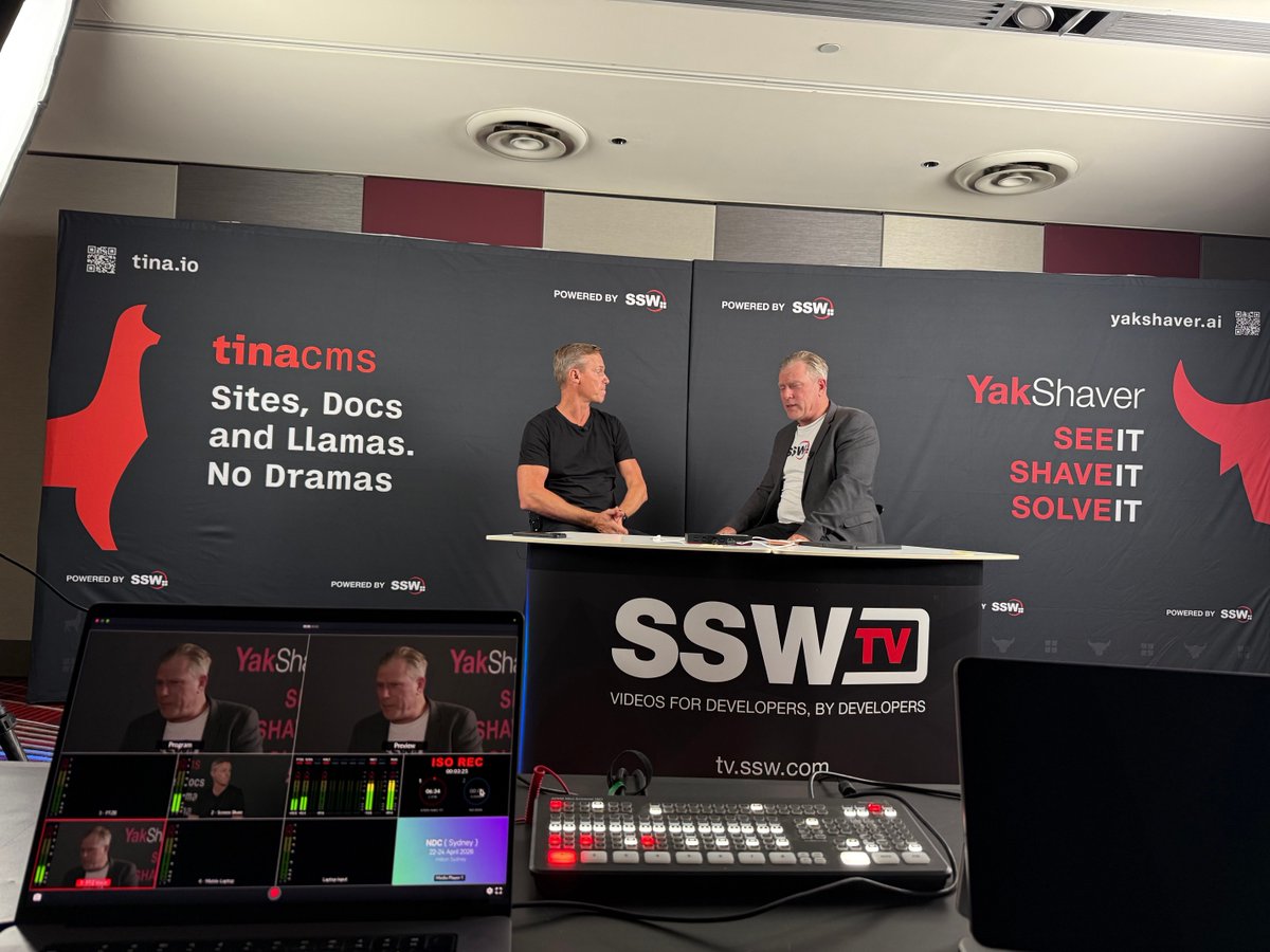 SSW_TV's tweet image. Team SSW is having a great time at #NDCSydney! We're talking to some fantastic experts today - so keep an eye out for the videos on SSW TV! 👀
Don't forget to meet us at the booth if you'd like a demo of @TinaCMS, or @YakShaver! Both are tools designed to make #devlife easier!