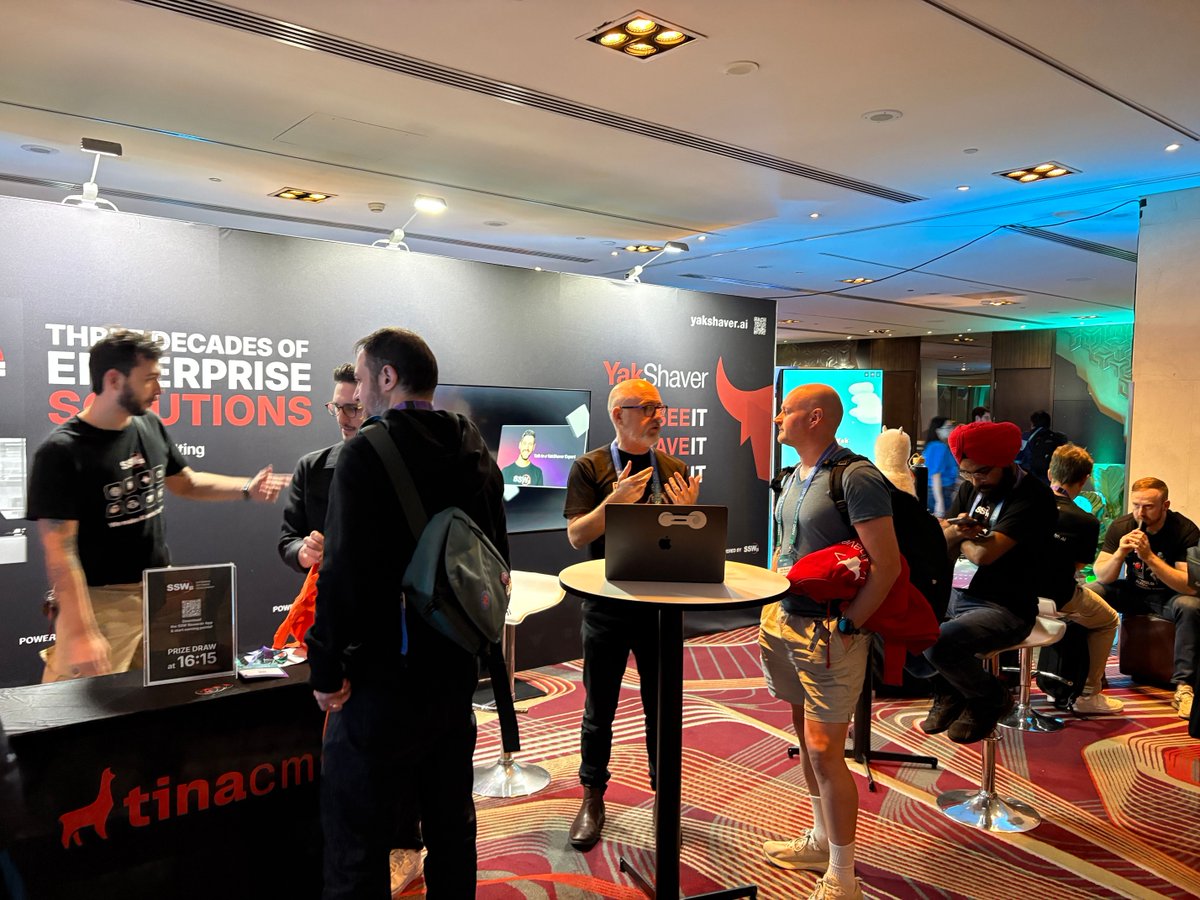 SSW_TV's tweet image. Team SSW is having a great time at #NDCSydney! We're talking to some fantastic experts today - so keep an eye out for the videos on SSW TV! 👀
Don't forget to meet us at the booth if you'd like a demo of @TinaCMS, or @YakShaver! Both are tools designed to make #devlife easier!